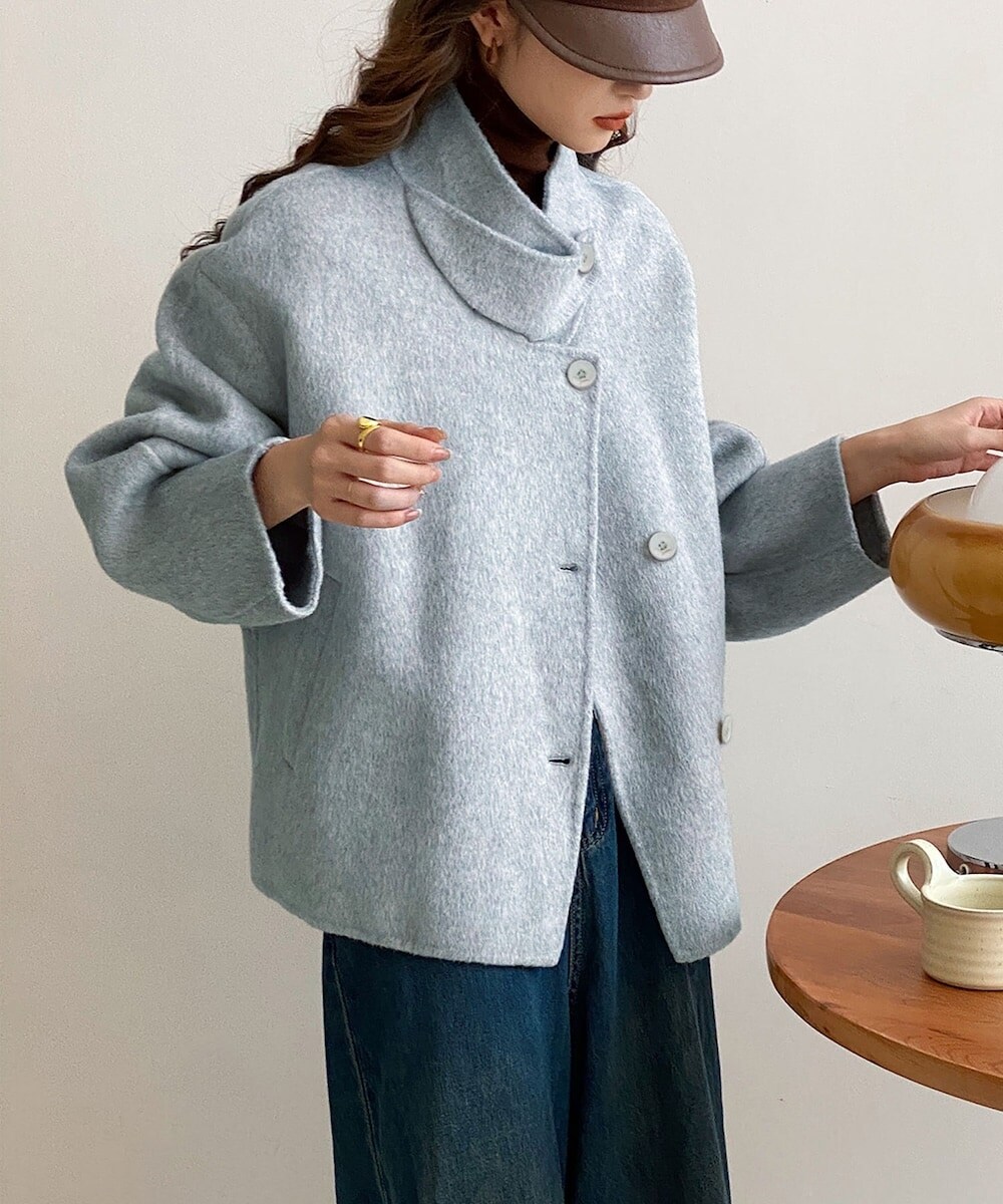 アシンメトリーダブルスタンドカラーショートコート | アイモハ(aimoha
