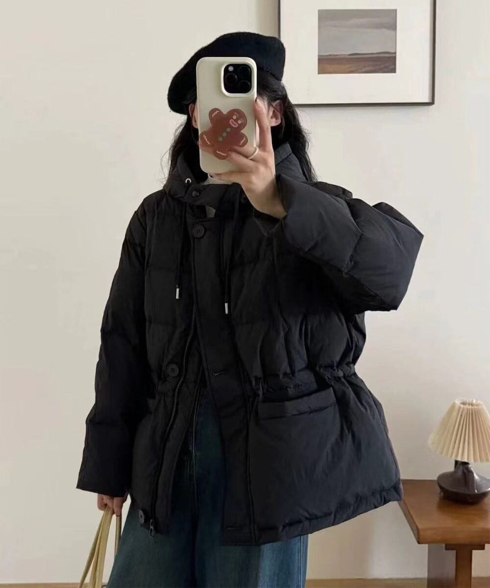 Aimoha】大きめフードのスタンドネックロングダウンジャケット