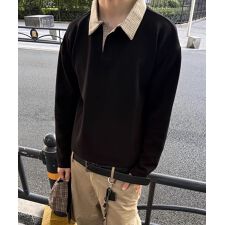 配色襟デザイン ロングスリーブポロシャツ