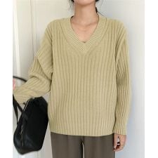 Vネックリブ編みゆるニットプルオーバー