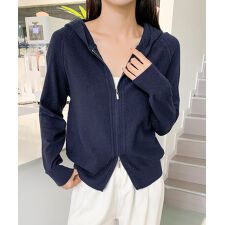 ハイネックフード付き ダブルジップ無地ニット