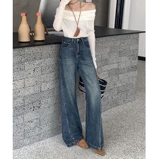 斜め切替スリット ワイドデニムパンツ