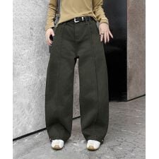 裾ベルト付き ワイドパンツ デニム／カーゴ風デザイン