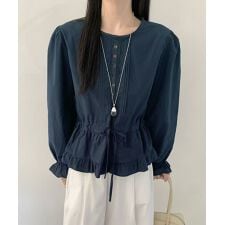 ペプラムデザイン レース刺繍長袖フリルブラウス