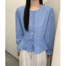 ペプラムデザイン レース刺繍長袖フリルブラウス