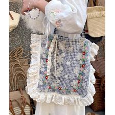 レース×花柄フリルトートバッグ