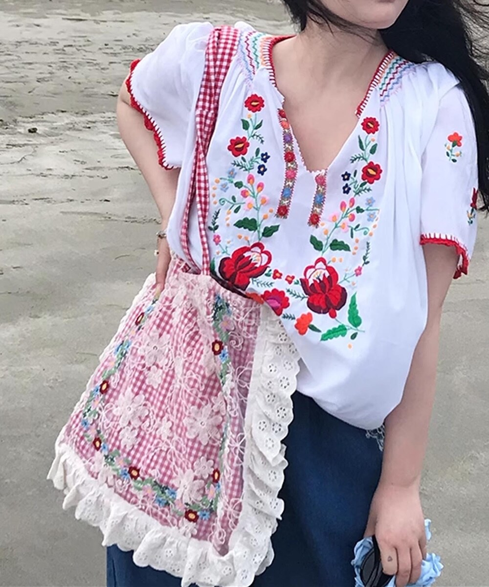 コヤンイサムチョン　刺繍レースデニム薔薇柄フリルふんわりトートバッグ レース×花柄フリルトートバッグ | アイモハ(aimoha) | マルイウェブ