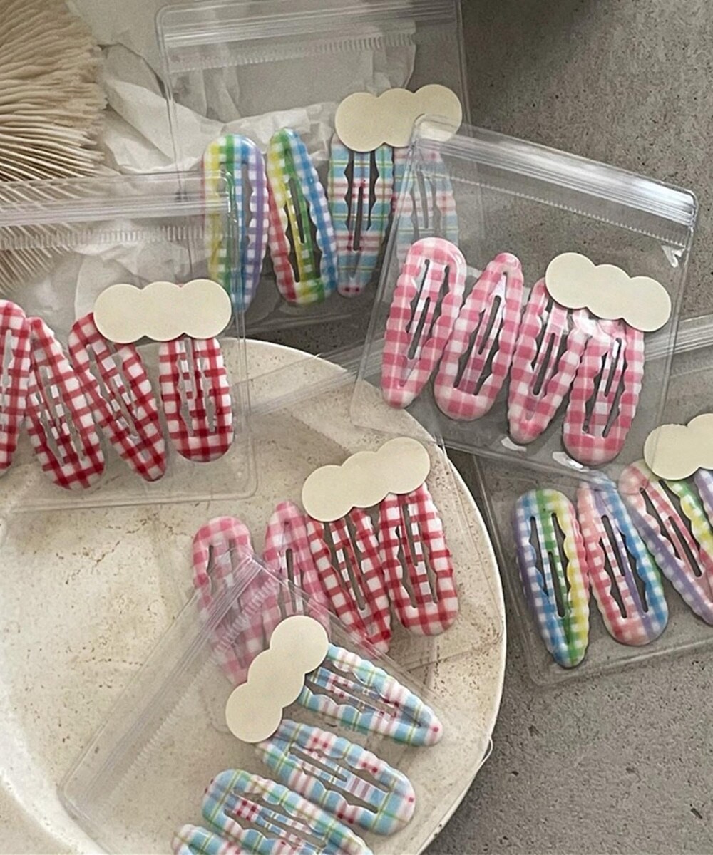 aimoha-KIDS-】キッズ カラフルチェック柄 ヘアクリップセット