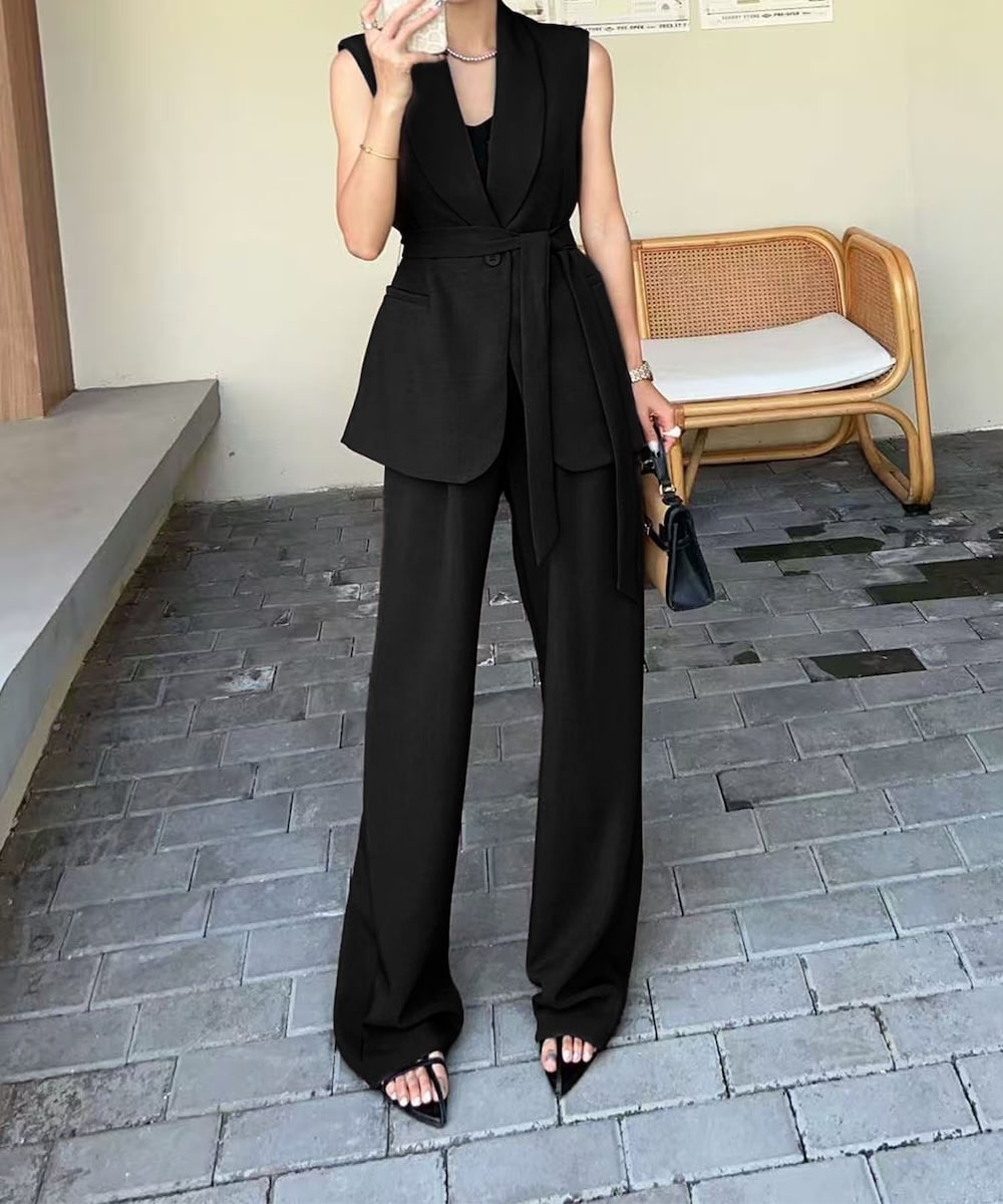 Malbon 黒 プルオーバーとパンツのセットアップ aimoha リボンタイベルトロングジレ＋ワイドパンツセットアップ