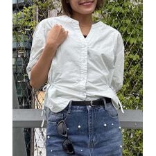 サイドリボン付き ノーカラーショートブラウス (SS)