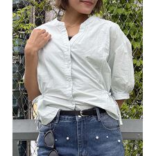 サイドリボン付き ノーカラーショートブラウス (SS)