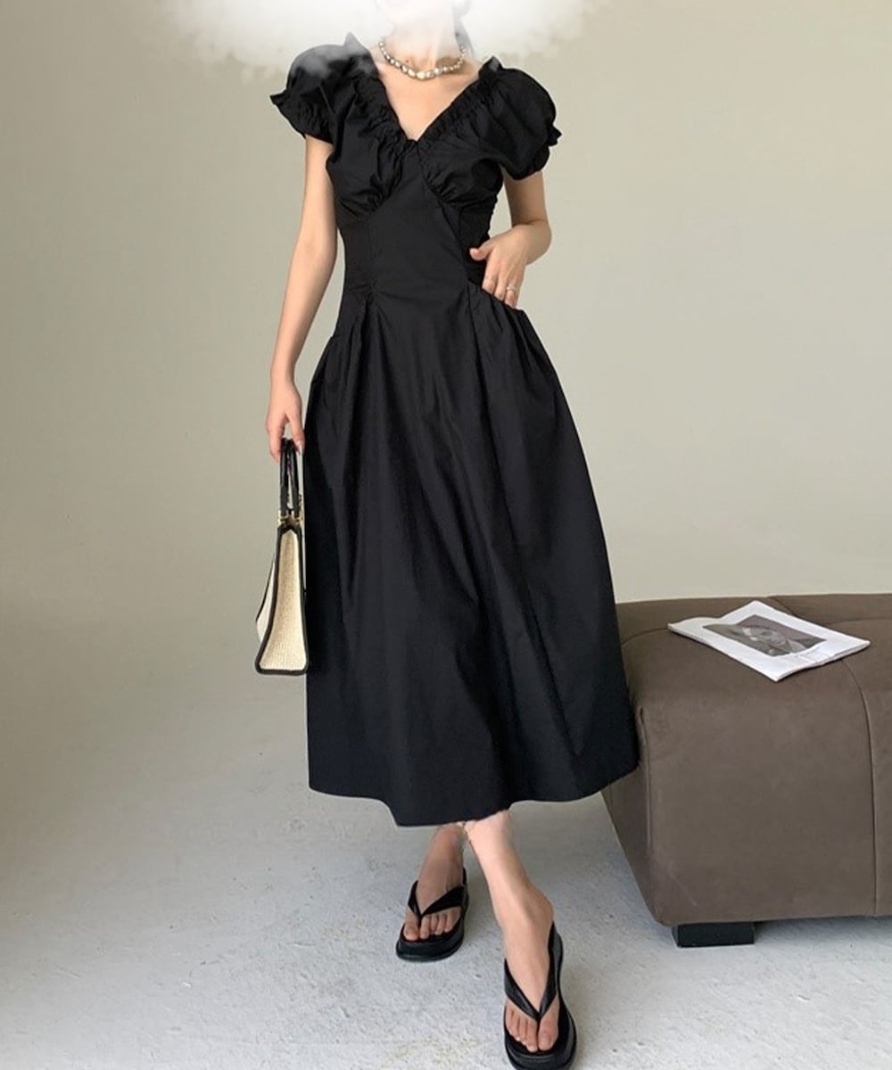 ギャザーVネック襟ワンピ Vネック 後ろVネック ワンピース ドレス 衣装 (SS)