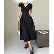 ギャザーVネック襟ワンピ Vネック 後ろVネック ワンピース ドレス 衣装 (SS)