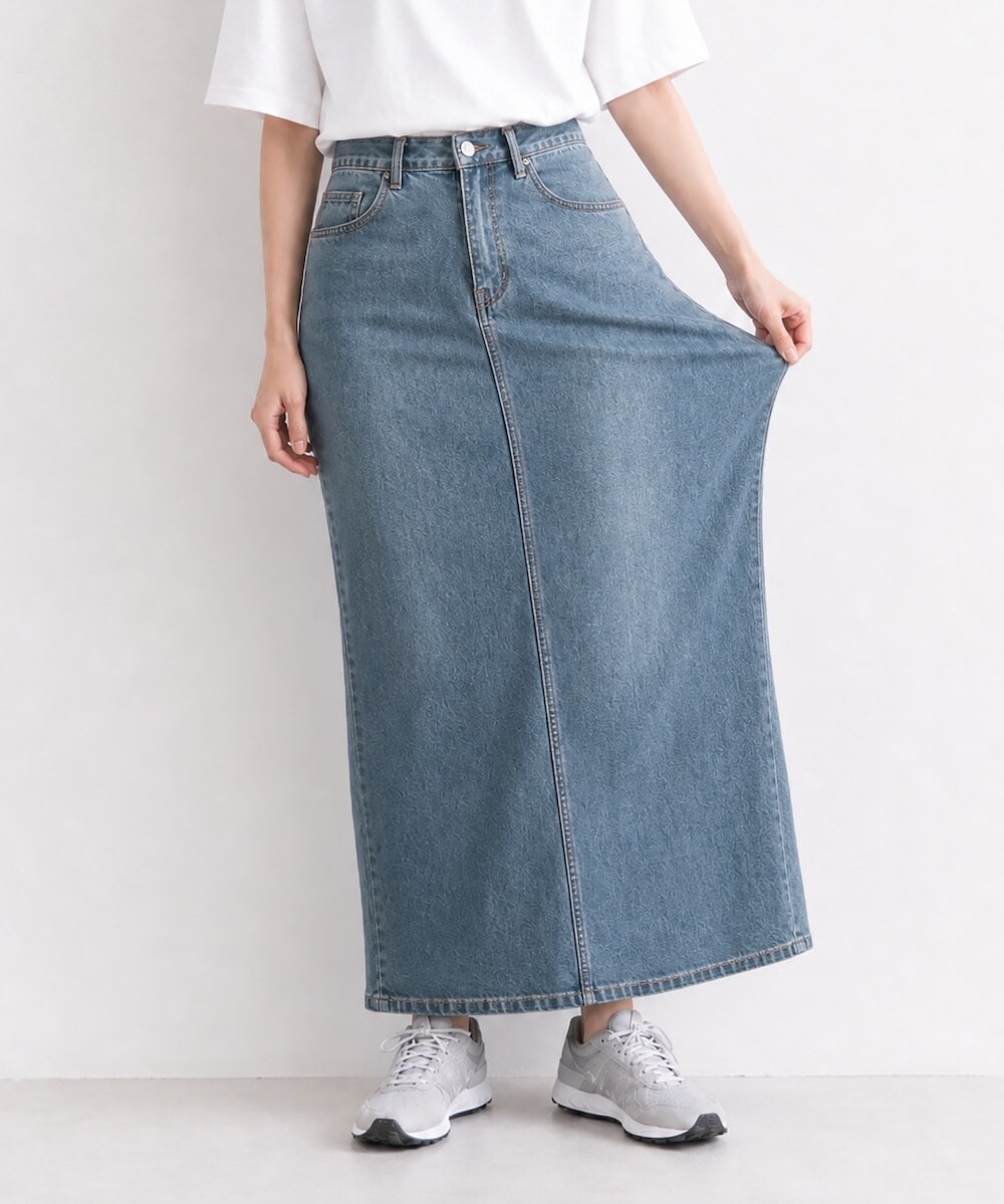 プリーツプリーズ レース柄 デニム風ロングスカート PLEATS PLEASE