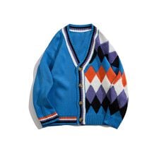 【HOOK】アシンメトリー カラフルなアーガイル幾何学模様リンガーカーディガン