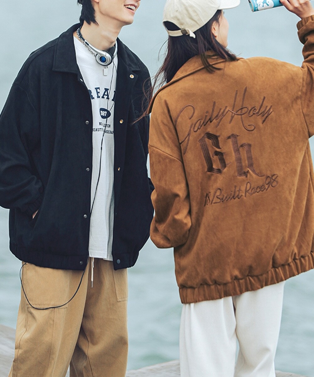 HOOK】古着風バッグ英字刺繍スエード生地コーチジャケット | フック