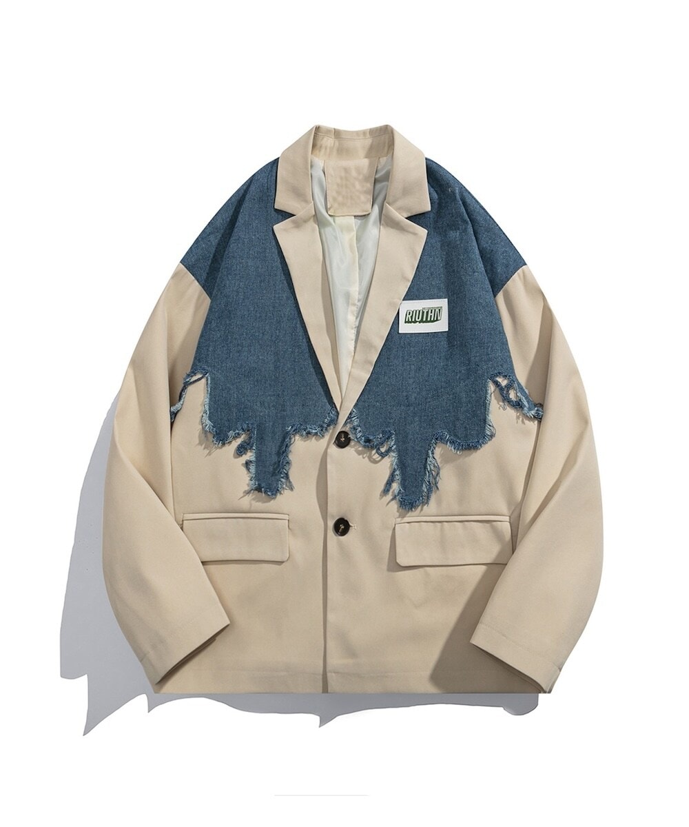 HOOK】個性派 デニム異素材切り替えデザインテーラードジャケット
