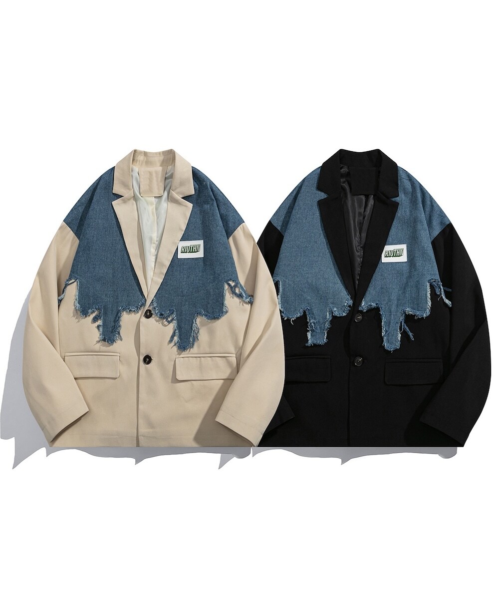 HOOK】個性派 デニム異素材切り替えデザインテーラードジャケット