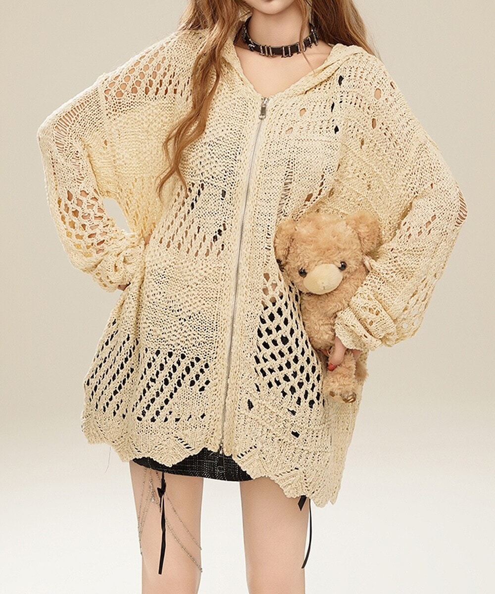 GB MOUTH 藻　ニットパーカー ダメージ加工 ベージュ HOOK】for girls 無地透かし編みニットジップパーカー ダメージ加工