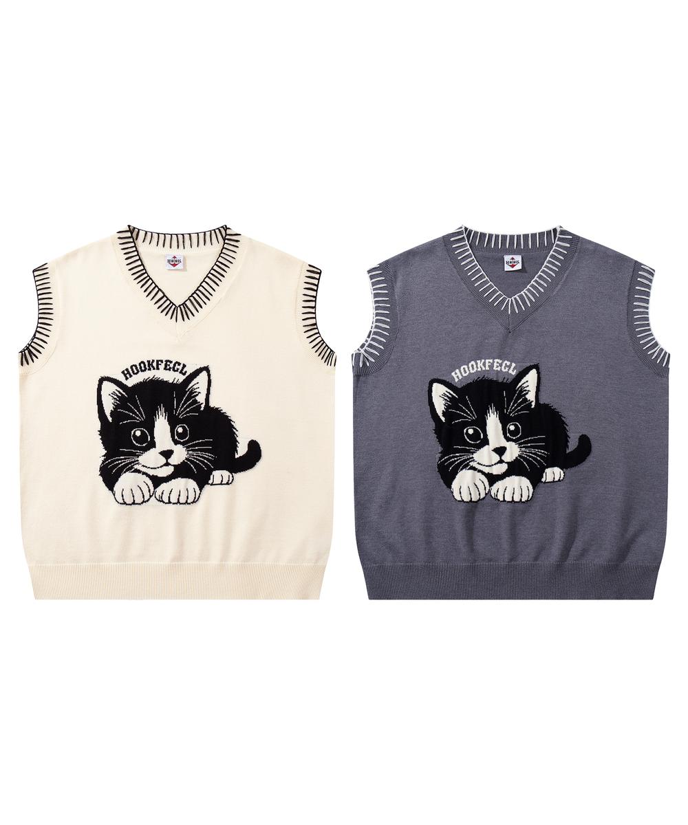 ヴィンテージドレス、ネコちゃんベスト２点おまとめです HOOK -original- 猫イラストステッチニットベスト | フック(HOOK