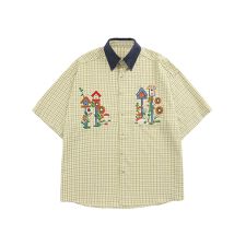 【HOOK】レトロ調刺繍入りチェック柄半袖シャツ