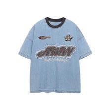 ダメージデニム風ロゴパッチTシャツ