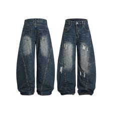 クラッシュ加工ワイドカーブデニムパンツ　ダメージ加工