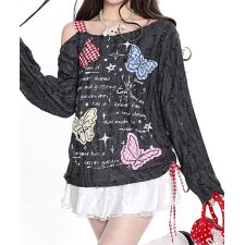 HOOK for girls　Y2K バタフライ × レースアップ ロングスリーブ トップス