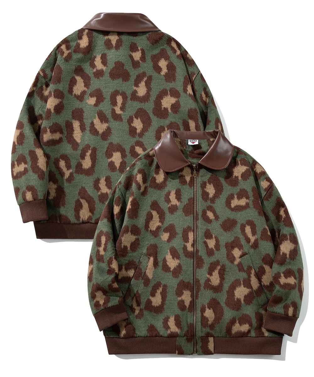 フック（HOOK）/HOOK −original−　レトロ古着風 PU襟レオパード調メルトン風ジャケット HOOK -original- レトロ古着風 PU襟レオパード調メルトン風ジャケット