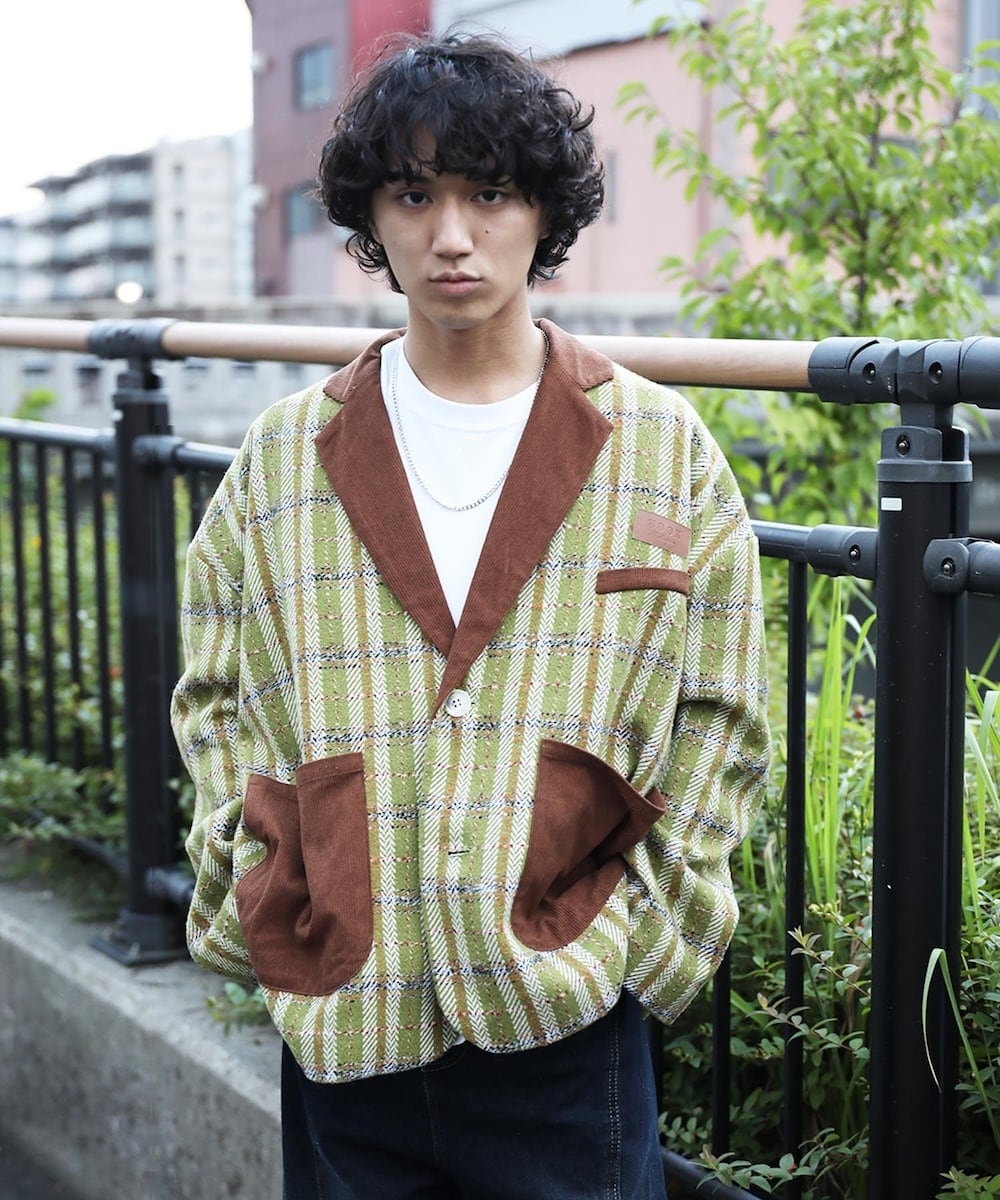 HOOK】個性派 デニム異素材切り替えデザインテーラードジャケット