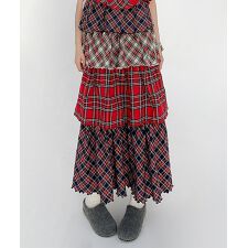 HOOK for girls  チェック柄切り替え被せ段々ロングスカート セットアップ可