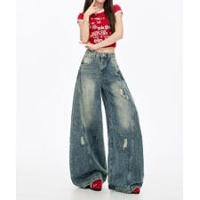 HOOKforgirls切り替えデザイン×アメリカンヴィンテージ ダメージワイドバルーンデニムパンツ