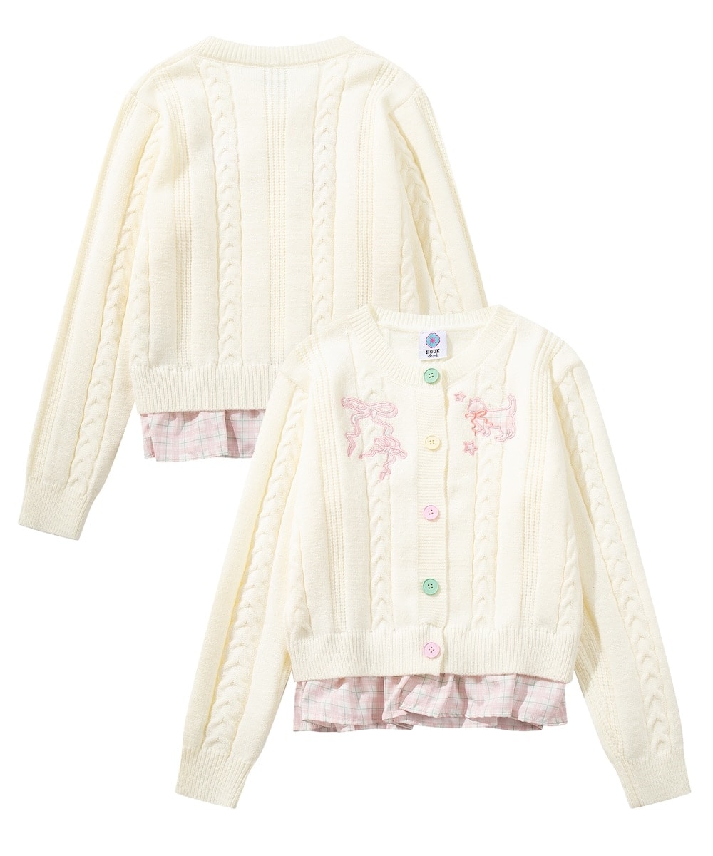 HOOK for girls　刺繍リボン ケーブルニットカーディガン 裾チェック切替 レイヤード風