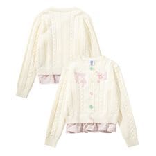 HOOK for girls　刺繍リボン ケーブルニットカーディガン 裾チェック切替 レイヤード風