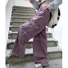 【HOOK】for girls 　アシンメトリービッグポケットカラーデニムカーゴパンツ