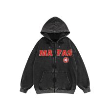 【HOOK】英字刺繍ウォッシュ加工ジップアップパーカー