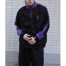 配色ワンポイント刺繍飾りステッチサイドラインハーフジップ セットアップ可能