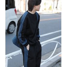 配色ワンポイント刺繍飾りステッチサイドラインハーフジップ セットアップ可能