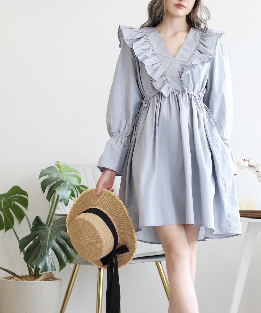 リエンダ rienda フリルスリーブバイカラーワンピース 新品タグ付き セール】フリルスリーブバイカラーワンピース 春服（ワンピース