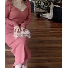 【Jasmine】肩リボンハートネックタイトニットロングワンピース