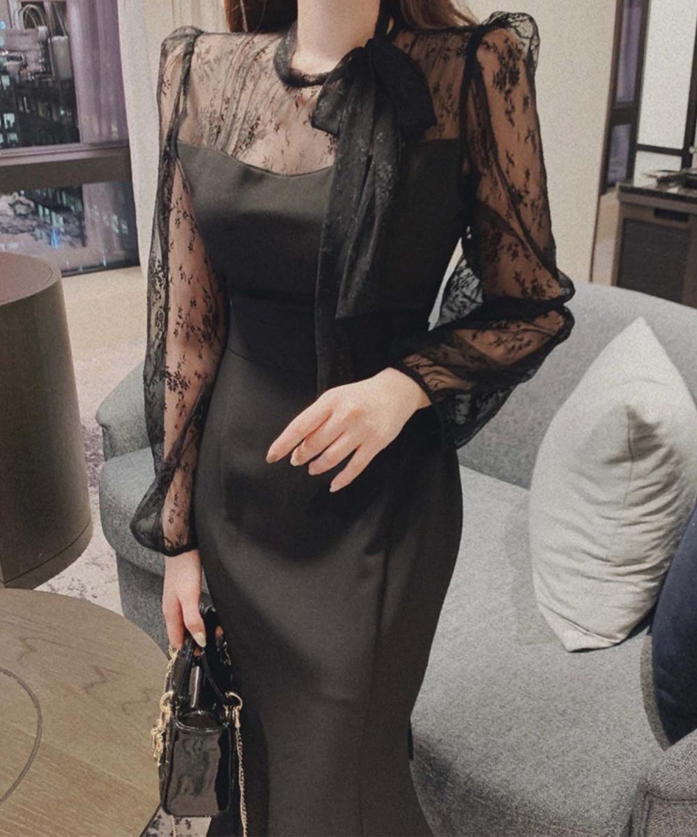 LEJA】レース切替スリットAラインロングドレスワンピース