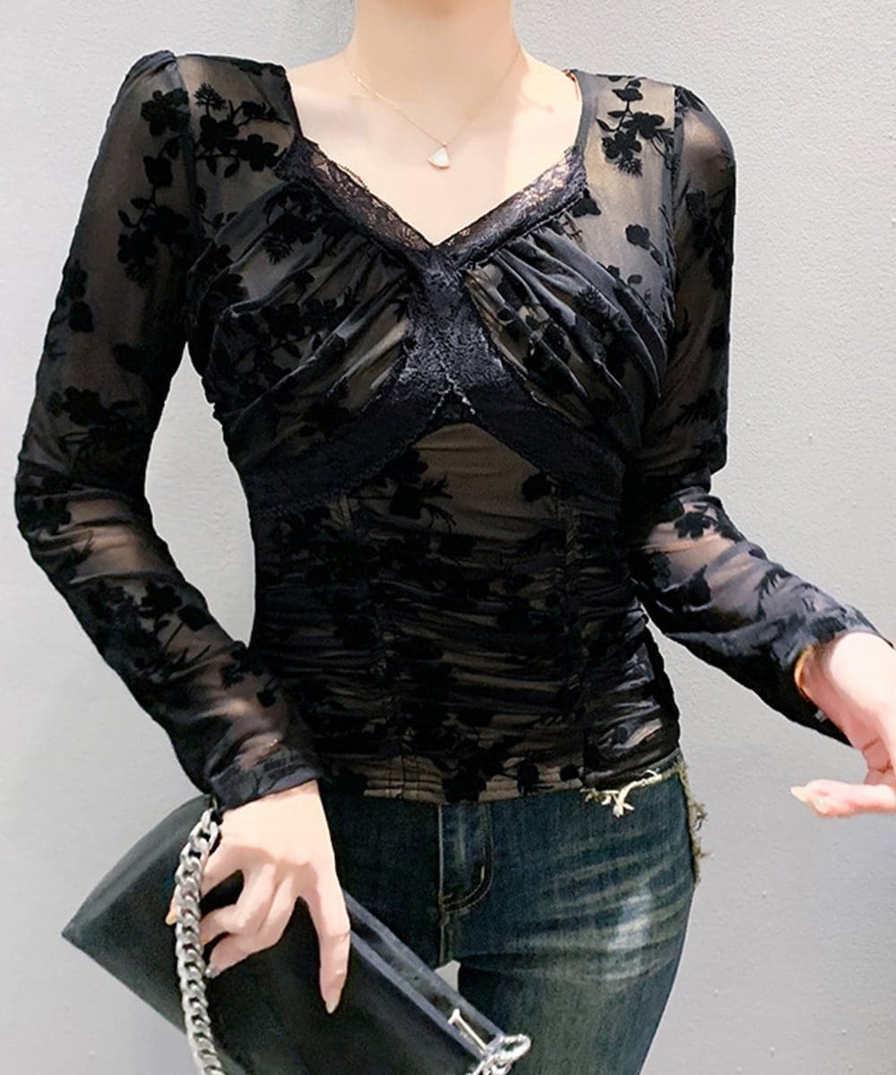 Jasmine】クロスデザインレースメッシュトップス | ジャスミン