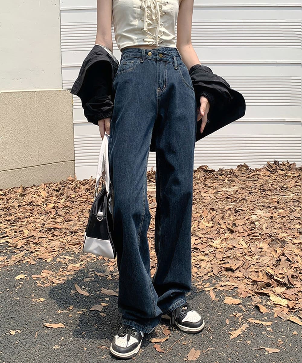 Jasmine】アシメトリーウエストデザインワイドデニムパンツ