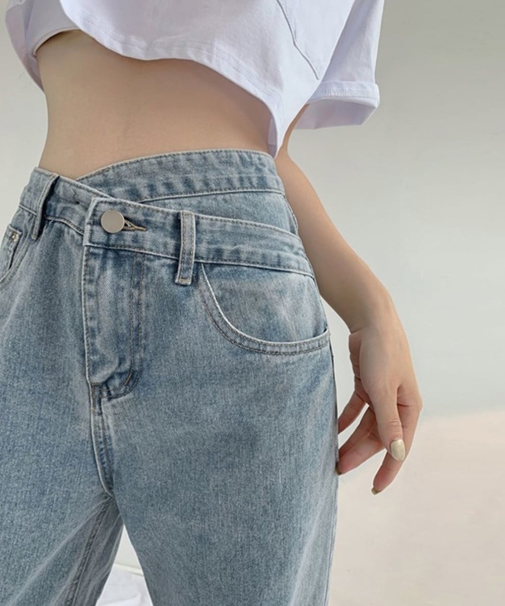 Jasmine】アシメトリーウエストデザインワイドデニムパンツ