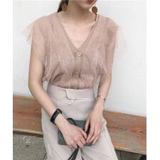 【Jasmine】チュールドッキングVネックニットトップス