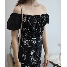 【Jasmine】配色花柄スクエアネックパワショルワンピース