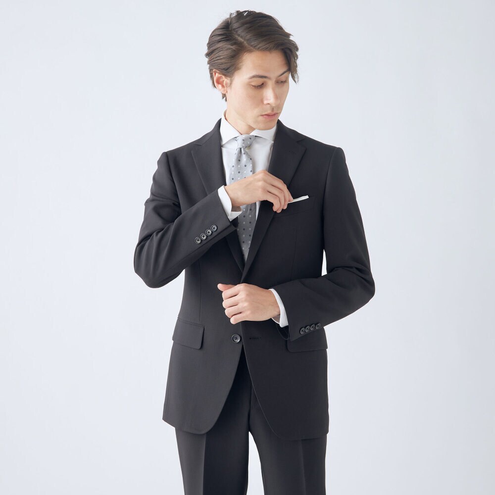 2釦シングルスーツ】ノータック ネイビー シャドー柄 ※パンツ裾上げ済