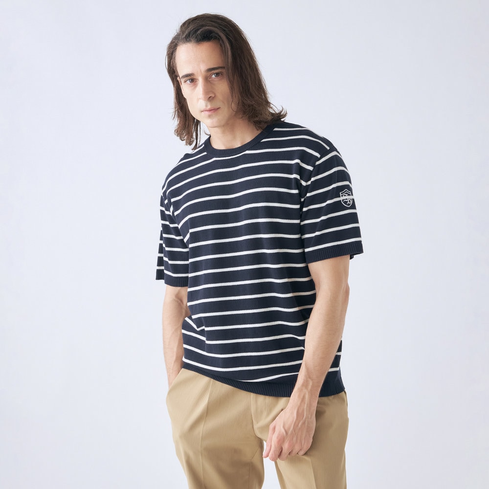 【stanley blacker】クルーネック半袖ニットＴシャツ/ネイビー/無地/ウォッシャブル stanley blacker】クルーネックニットTシャツ ブルー