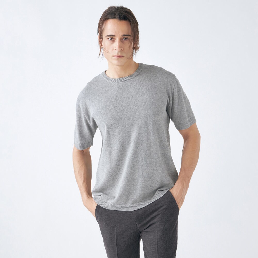 【stanley blacker】クルーネック半袖ニットＴシャツ/グレー/無地/ウォッシャブル stanley blacker】【半袖】クルーネックニットTシャツ/グレー