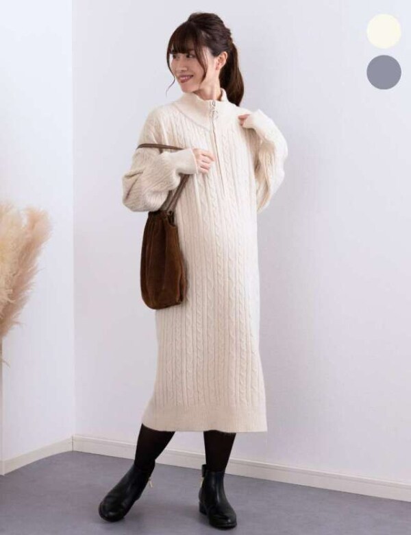 ハーフジップ リブニット マタニティ ワンピース 授乳服 | スウィート